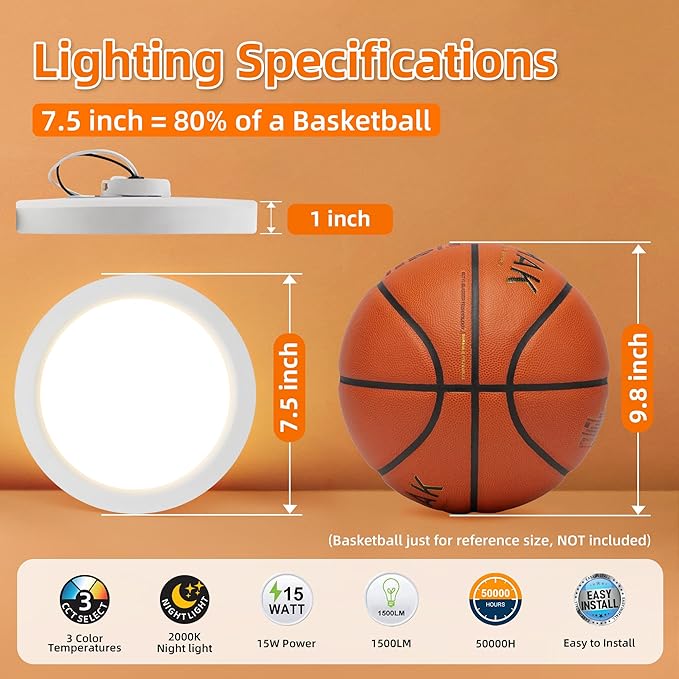 Hlite 7.5 Inch Flush Mount LED Ceiling Light with Night Light, CRI90, 15W, 1500 LM, 3000K/4000K/5000K Selectable, Flat Round LED Ceiling Light, Dimmable Bedroom Lights for Ceiling, White(2Pack)