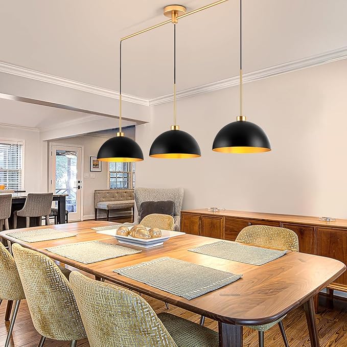 Farmhouse Pendant Lights, 3-Light Black and Gold Dome Pendant Light Fixtures,Industrial Kitchen Island Lighting for Dining Room Bar, E26 Base