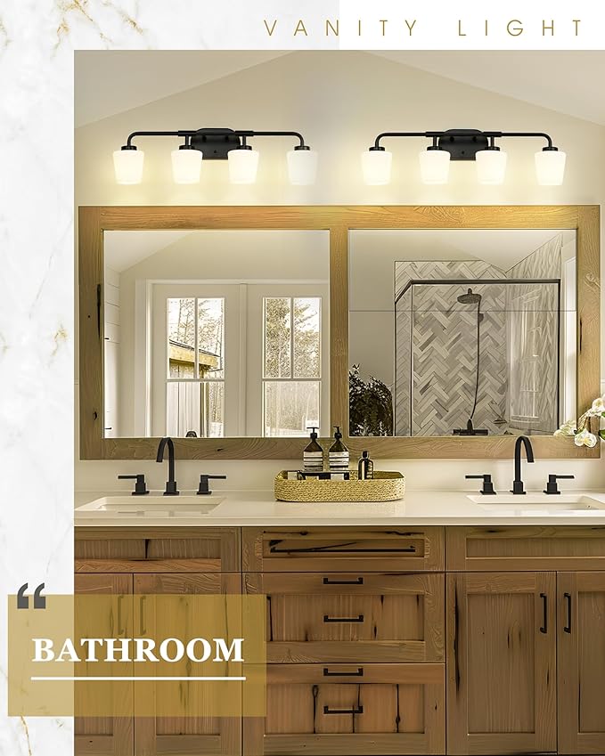 Bathroom Light Fixtures Over Mirror, 4-Light Matte Black Vanity Lighting Fixtures with Milk White Glass, Vintage Farmhouse Wall Sconces Lighting, AD-22004-4W-BK
