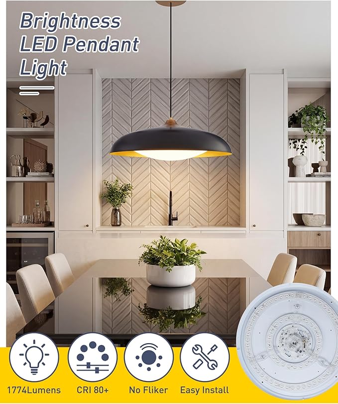 kudos 21 Inch Large LED Large Pendant Light, Black and Gold Dome Metal Pendant Light with Acrylic Shade, Farmhouse Pendant Light with Adjustable Cord,5CCT, Kitchen Bar Study Room, KDPL02-BK-L
