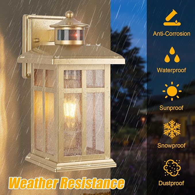 Brilvibera Outdoor Light Fixture Motion Sensor, Gold Waterproof Outside House Light, Modern Wall Lights, Outdoor Garage Light Dusk to Dawn Exterior Light Fixture for House, Garage, Garden