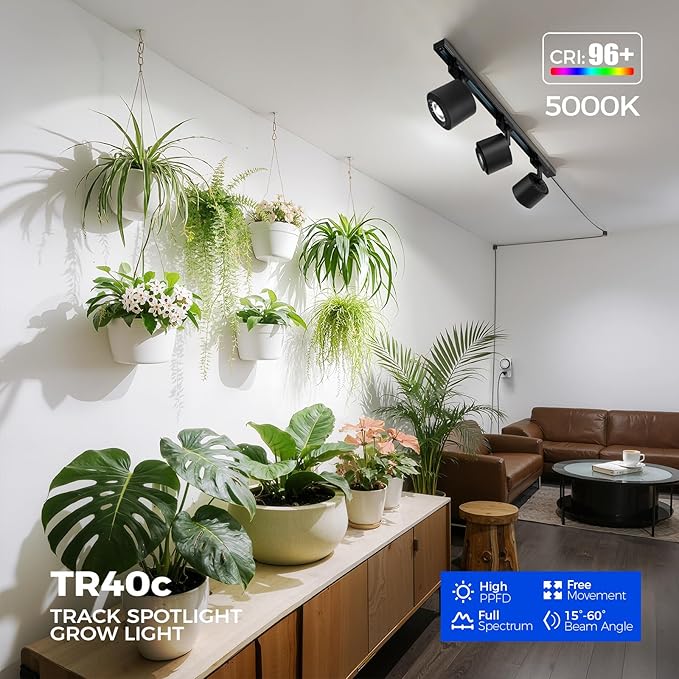 Barrina TR40c Track Grow Light System for Indoor Plants, 3 x 40W Heads, 5000K Full Spectrum Ceiling Grow Spotlight with 15°-60° Adjustable Beam Angle for Greenhouse with Timer, Black H-Type Rail