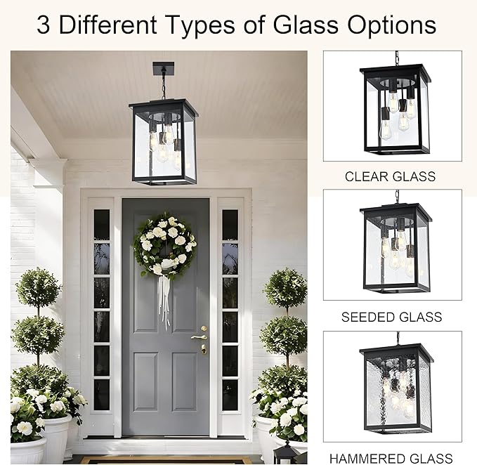TODOLUZ 4-Lights Large Outdoor Pendant Light Fixture, Farmhouse Waterproof Black Porch Hanging Lighting with Adjustable Chain, Seeded Glass Panel & E26 Bulb Base for Patio Garden Entryway