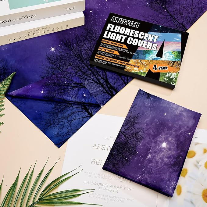 2 x 2 Feet Fluorescent Light Covers - 4 Pcs Covers for Ceiling Lights, Magnetic Light Filters for Classroom, Office, Hospitals, Home (Purple Forests & Starry Sky)
