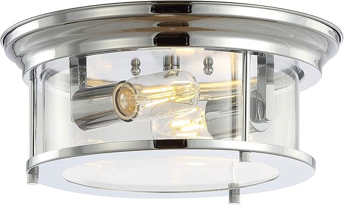 JONATHAN Y 13.25" Chrome 2-Light LED Flush Mount Ceiling Light Fixture, Modern Clear Glass Drum Shade, Industrial Farmhouse Lighting for Kitchen Hallway Bedroom (JYL7446C)