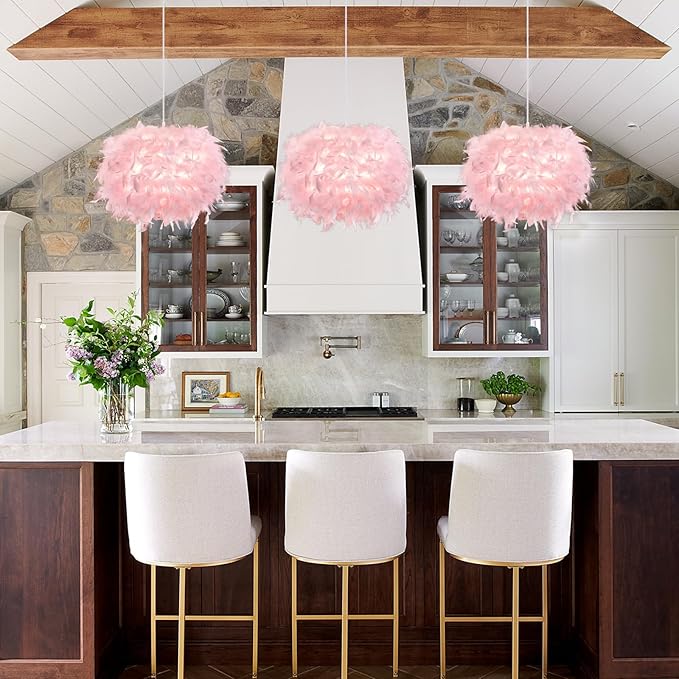 NZV 15.8in Pink Pendant Light Fixture Pink Feather Chandelier for Bedroom Feathers Lights Fixture Girls Room Romantic Hanging Ceiling Lighting for Kitchen Island Dining Room Foyer Hallway