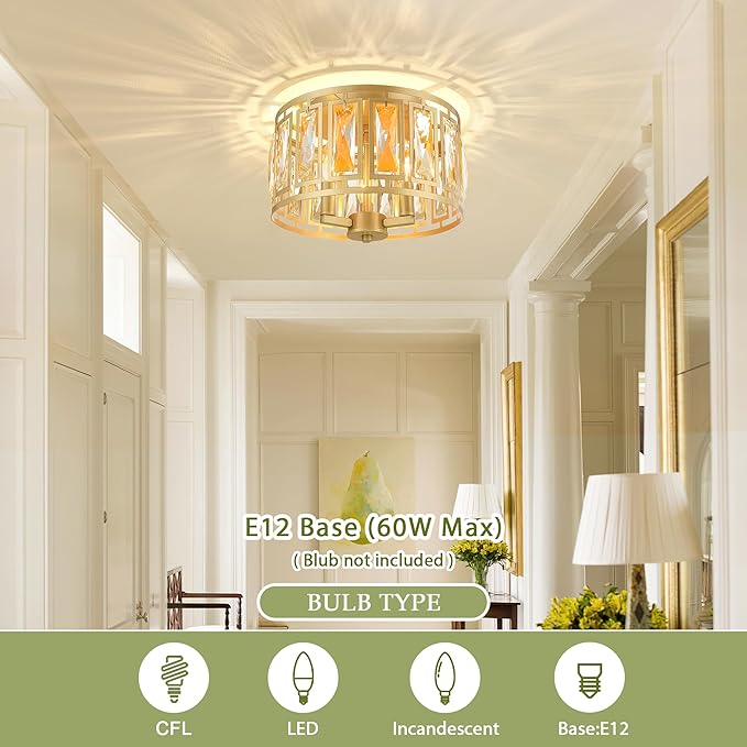Crystal Flush Mount Ceiling Light, Gold Hallway Lights Ceiling Mounted Small Flush Chandelier for Bedroom Foyer