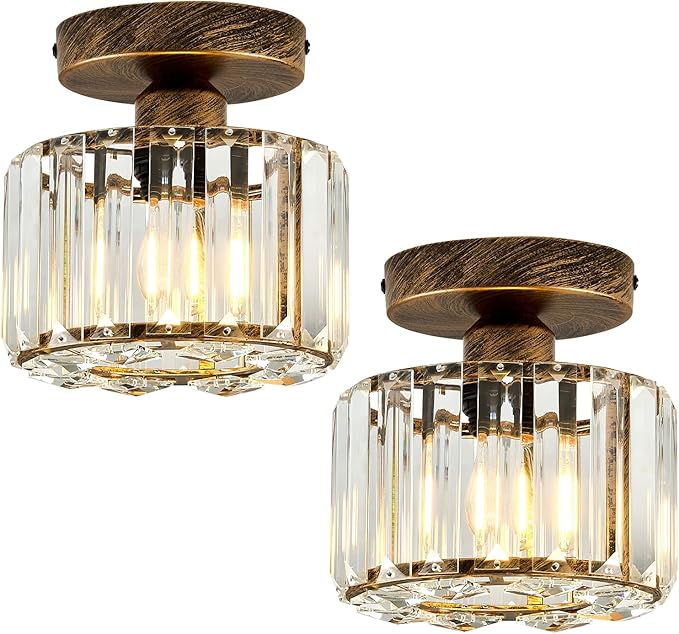 Piepooye 2 Pack Small Crystal Semi Flush Mount Ceiling Light Fixture Modern Bronze Mini Round Chandelier Metal E26 Ceiling Lamp for Hallway Bathroom Entryway Kitchen Closet