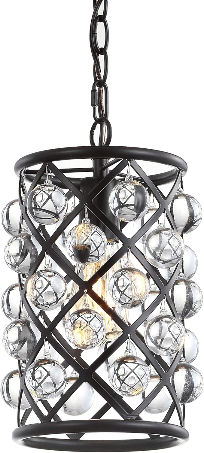 JONATHAN Y 8" Oil Rubbed Bronze 1-Light Iron and Crystal Drum Pendant Light, Modern Glam Ceiling Fixture for Kitchen Island, Adjustable Height, ETL Listed, LED Bulb Included JYL9506A