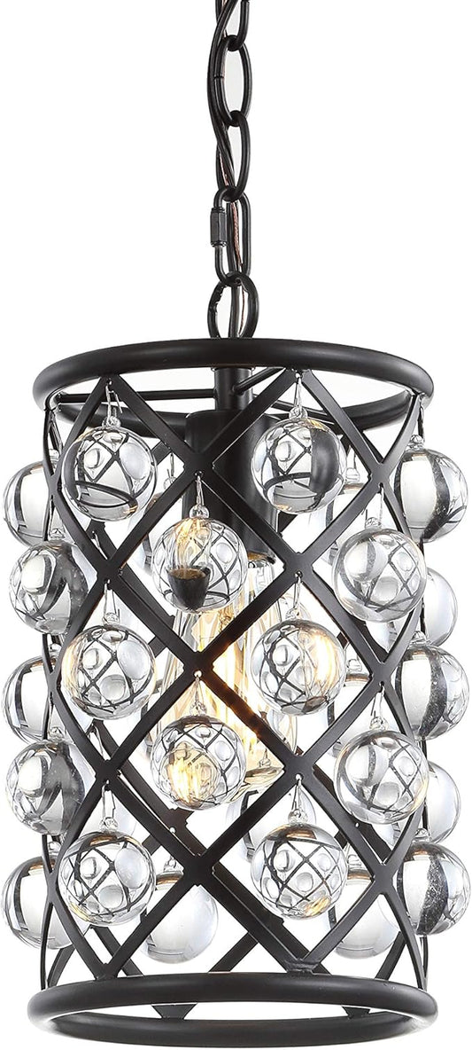 JONATHAN Y 8" Oil Rubbed Bronze 1-Light Iron and Crystal Drum Pendant Light, Modern Glam Ceiling Fixture for Kitchen Island, Adjustable Height, ETL Listed, LED Bulb Included JYL9506A
