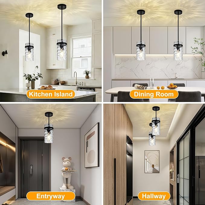 3 Pack Black Pendant Lights Kitchen Island, Hammered Glass Pendant Lighting Over Island, Kitchen Hanging Light Fixtures Pendant Light Over Sink for Kitchen Entryway Foyer Dining Room