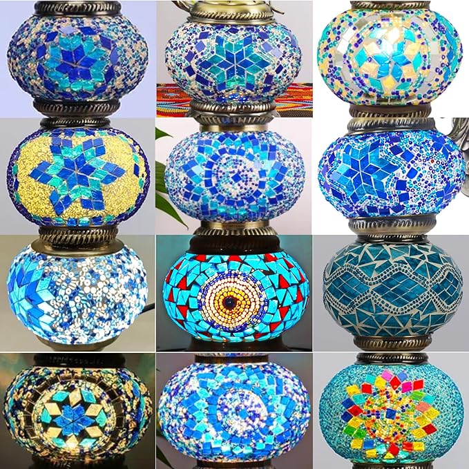 Baquler Turkish Mosaic Lamp Kit DIY Stained Glass Decorative Table Bedside Night Light Tabletop Bohemian Moroccan Lamp Craft Kit for Living Room Decorations (Blue)