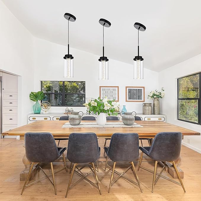 MELUCEE 3 Packs Modern LED Pendant Light Fixtures 5 Color Temperature Pendant Lights Kitchen Island Lighting Adjustable Height Black Hanging Ceiling Lamp for Dining Room Bedroom, 3000K-6000K