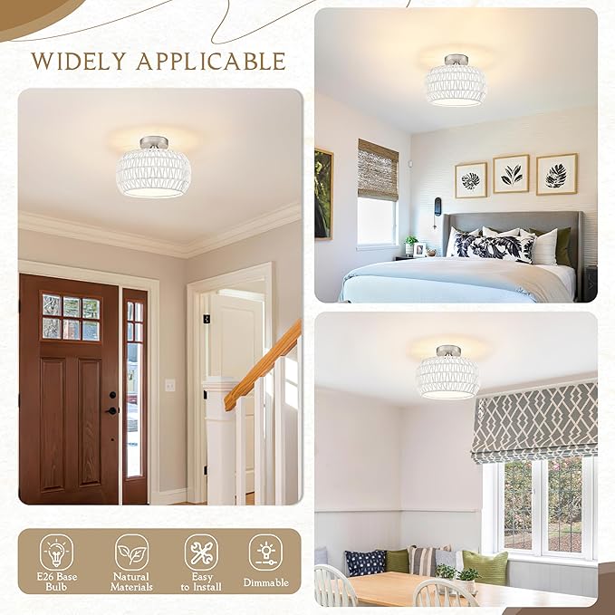 12.6 inch White Rattan Ceiling Light Fixture Hand-Woven Rattan Chandelier Boho Ceiling Light Fabric Shade Boho Chandelier for Kitchen Dinning Room (Bulb Incl.)