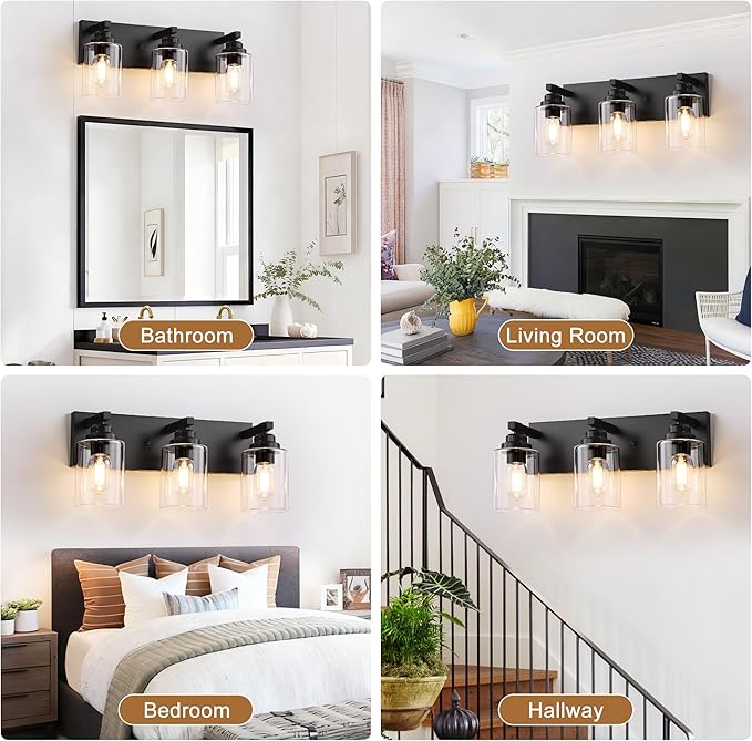 Black Bathroom Light Fixture, 3 Light Matte Black Vanity Light, 18.8" Modern Farmhouse Bathroom Lighting Fixtures Over Mirror, with Clear Glass Shade, Vanity Lights for Bathroom, Bedroom, Hallway