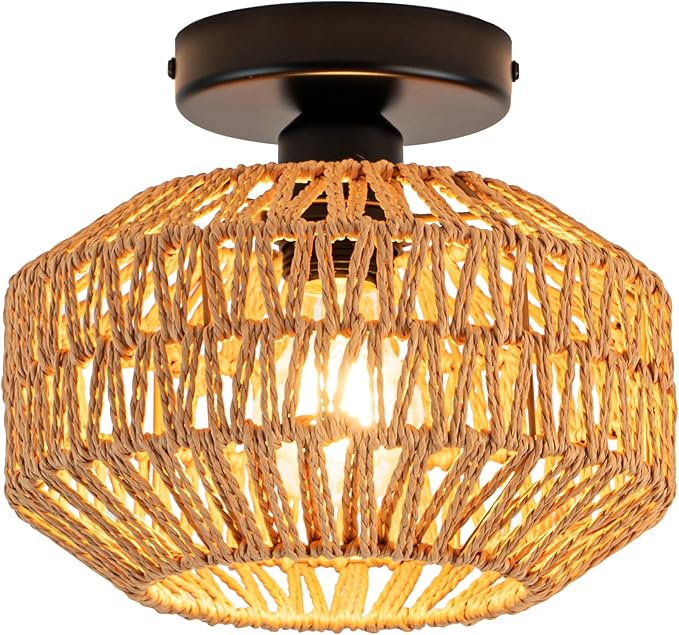 Mini Rattan Boho Ceiling Light Fixture, Small Woven Semi Flush Mount Ceiling Light, Wicker Light Fixture Hallway,Laundry Room, Closet,Nursery E26 1 Light