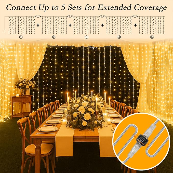 300 LED Warm White Curtain String Lights 9.8x9.8FT, Plug in Fairy Lights with 9 Hooks, Dimmable, Timer & 8 Modes, IP44 Waterproof, Bedroom Wall Wedding Backdrop Christmas Indoor Outdoor Decor