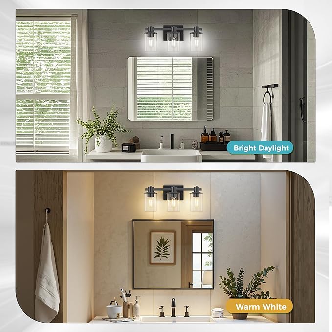 DORESshop 20 Inch Upgraded Bathroom Light Fixtures, 3-Light Black Bathroom Lighting Fixtures Over Mirror with Clear Glass Shade, Vanity Lights for Bathroom Living Room Bedroom, ETL Listed