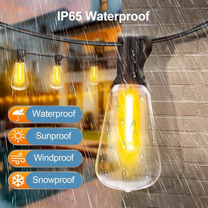 Outdoor Lights String Patio Outside - 100ft 30M LED Waterproof Light - Hanging Lighting ST38 Shatterproof Edison Bulb Deck Backyard Gazebo Balcony Party Bistro Cafe Pergola Garden Yard Porch Dimmable