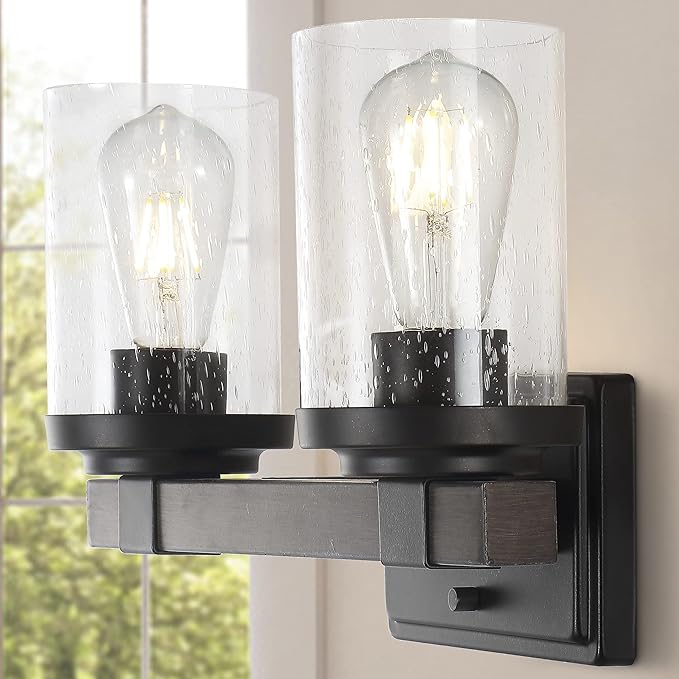 JONATHAN Y 15" Oil Rubbed Bronze LED Vanity Light, Rustic Farmhouse Sconce, Clear Seeded Glass Shade, Industrial Wall Lamp for Bathroom Mirror, Kitchen Sink, LED Bulb (JYL7508A)