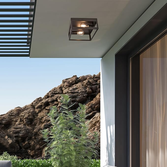 Maxxima Indoor/Outdoor Flush Mount Ceiling Light Fixture, 2-Light Square Farmhouse Close to Ceiling Entryway Light, Black, Bulbs Not Included