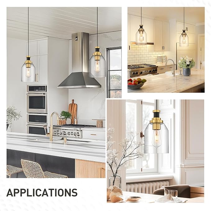 zeyu Glass Pendant Lights Kitchen Island 2 Pack, Modern Hanging Light for Kitchen Sink Dining Room, Clear Glass Shade, Black and Gold Finish, ZG33M1L-2L BK+BG