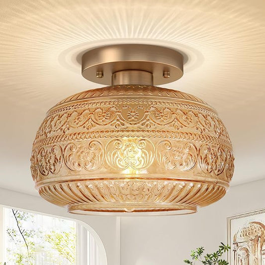 Semi Flush Mount Ceiling Light, Upgraded Modern Close to Ceiling Light Fixture with Amber Glass,Gold Indoor Kitchen Lighting for Porch Corridor Hallway Bedroom, Bulb Not Included