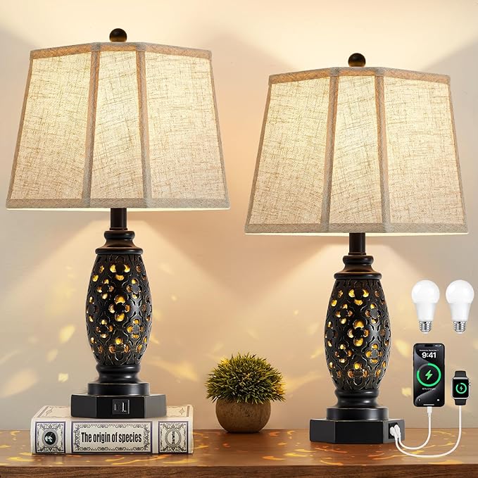 EJIAXIN Table Lamps Set of 2-23.5" Vintage Bedside Lamp with USB A+C and Nightlight - Black Carved Resin Retro Desk Lamp for Bedrooms, End Tables, Living Room, Bulbs Included