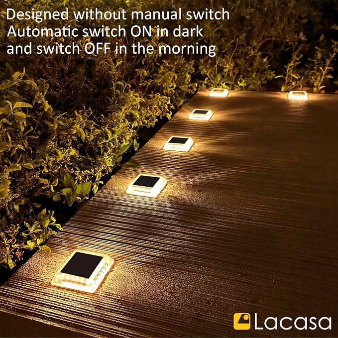 Lacasa Solar Deck Lights, 4 Pack 30LM LED Dock Light Warm White 2700K, Outdoor Solar Powered Step Light Up All Night IP68 Waterproof Auto ON/Off for Garden Stairs Driveway Pathway