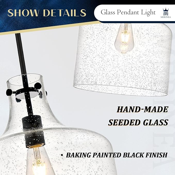 12" Black Seeded Glass Pendant Light Modern Hanging Ceiling Light for Kitchen Island Dining Room Hallway Farmhouse Hand-Blown Bubble Glass Lighting, E26 Socket