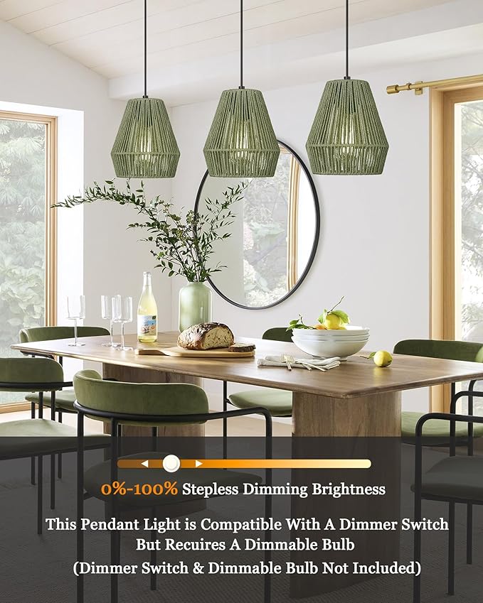 ELYONA Woven Pendant Lights, 7” Rustic Rattan Hanging Lamp Adjustable Handwoven Basket Shade, Boho Pendant Light Fixtures for Kitchen Island, Dining Room, Bedroom, Farmhouse Bar, Foyer Hallway, Green