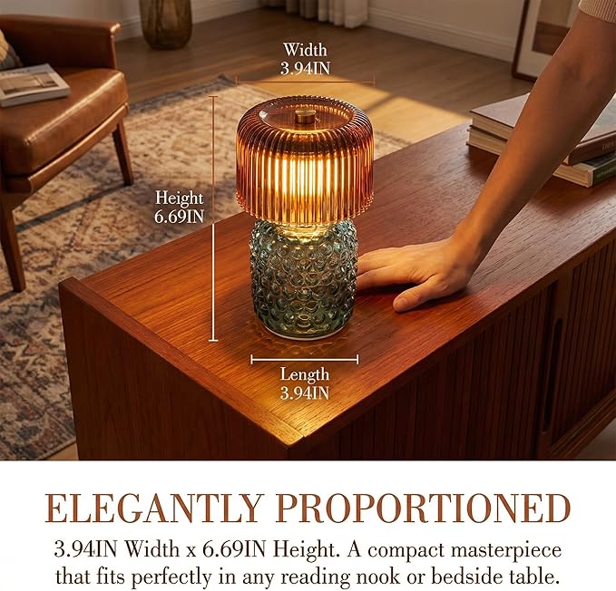 Battery Operated Table Lamp with Timer, Cordless Glass LED Night Light, Decorative Small Lamp for Bedroom Nightstand Living Room Entryway Stairway