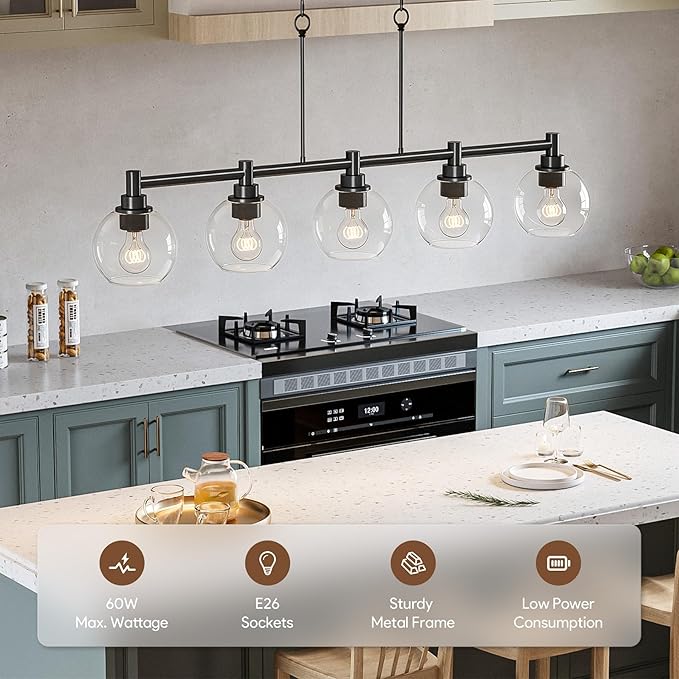 VONLUCE Dining Room Light Fixture Over Table, 5-Light Kitchen Island Lighting with Round Glass Shades & Adjustable Hanging Heights, Linear Chandlier for Dining Room Kitchen, Black, ETL Certificated