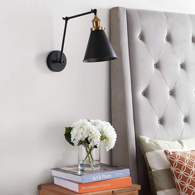 JONATHAN Y 7" Black/Brass Gold Classic Industrial Metal Adjustable Arm LED Wall Sconce for Bedside Reading, Farmhouse Swing Arm Wall Lamp with Metal Shade, Hardwired (JYL7462A)