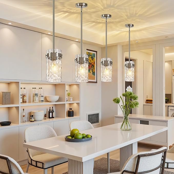 Hammered Glass Pendant Lighting for Kitchen Island 2 Pack, Modern Brushed Nickel Pendant Light Fixtures 4.72", Adjustable Ceiling Pendant Light for Kitchen Island Dining Room Hallway