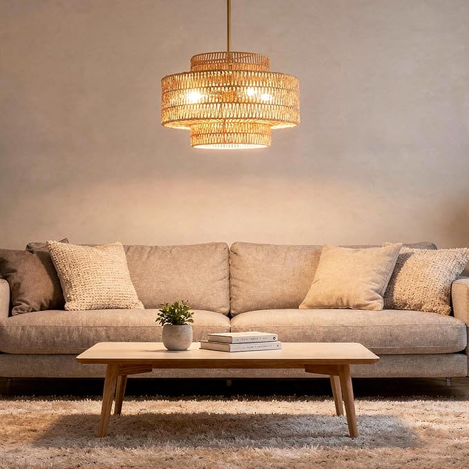 4 Light Pendant Lighting, Farmhouse Hanging Light Fixture for Kitchen Island & Dining Room, Industrial Vintage Ceiling Lamp with E26 Base, Adjustable Height, 20” Large Boho Rattan Chandelier
