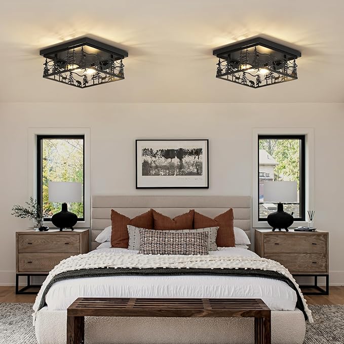 2 Pack Rustic Industrial Flush Mount Ceiling Light, 11" Black Metal Cabin Design E12 Square Ceiling Light Fixture, for Kitchen, Foyer, Bedroom Farmhouse Lighting (Bulbs Not Included)