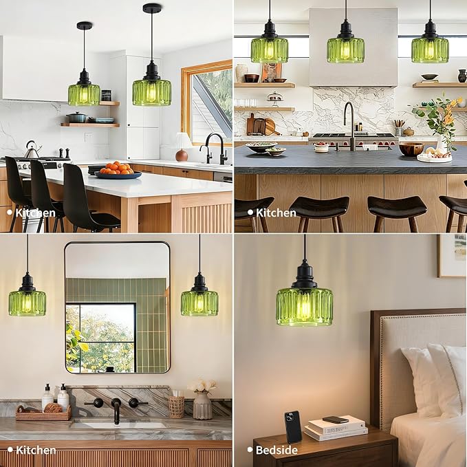 Green Pendant Lights Kitchen Island, Vintage Pendant Light Fixtures with 7" Clear Glass Shade, Farmhouse Hanging Lights for Kitchen, Bathroom, Bedroom, Dining Room, 2 Pack