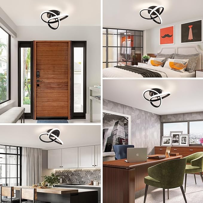 Modern Led Ceiling Light Fixtures,4500K Daylight White Black Semi Flush Mount Hallway Ceiling Light for Bedroom Bathroom Kitchen Balcony Laundry Room Stair Ceiling Lamp Curved Design (Black, 4500K)