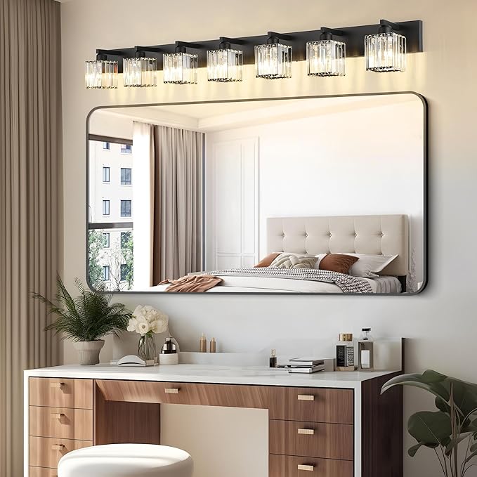 Aipsun Black Vanity Light Crystal Bathroom Lighting Fixtures Modern Bathroom Vanity Light 7 Light (Exclude Bulb)