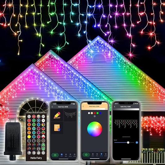 Smart RGB Icicle Lights Outside 33FT 299LED 69 Drops, App & Remote Control Music Sync Waterproof Christmas Roof String Lights, DIY Color Changing Holiday Yard Decorations for Patio, Party, Wedding