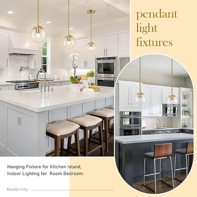 Bagood 6" Globe Pendant Light Gold 2 Pack Mid Century Pendant Light Globe Pendant Lights Kitchen Island Brushed Brass Finished with Clear Glass Adjustable Ceiling Light Fixtures for Dining Room Bar