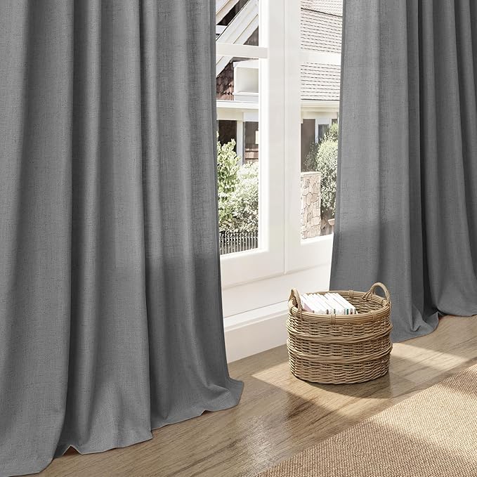 Dark Grey Linen Curtains 90 Inch Length 2 Panel Set for Living Room Light Filtering Elegant Farmhouse Curtain Rod Pocket Back Tab Window Drapes 90 Inches Long for Dining Room Bedroom Nursery 52x90