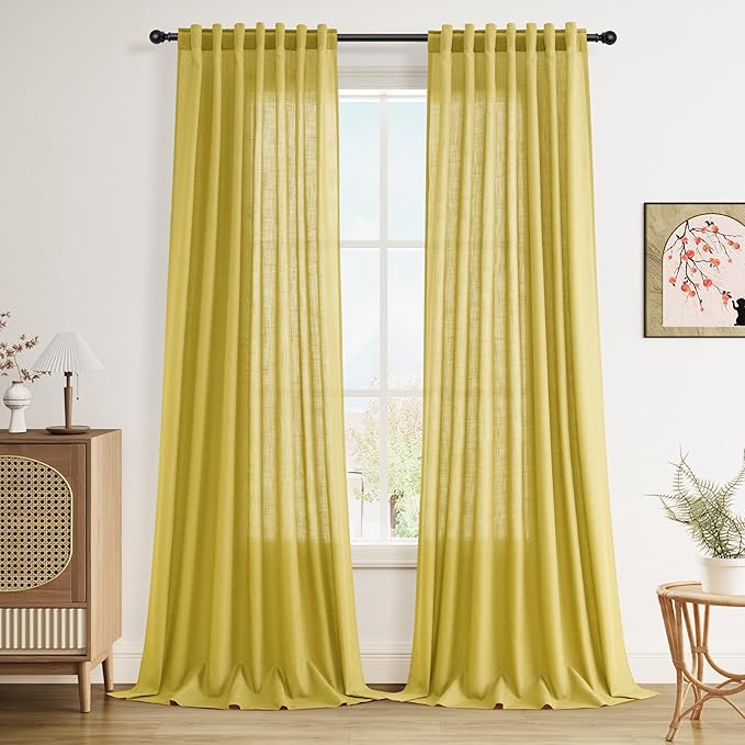 Nanspring Celery Yellow Curtains 120 Inches Long 2 Panels Set Back Tab Loop Pocket Linen Blend Light Filtering Semi Sheer Boho Decor Curtain for High Ceiling Living Room Drapes 52x120