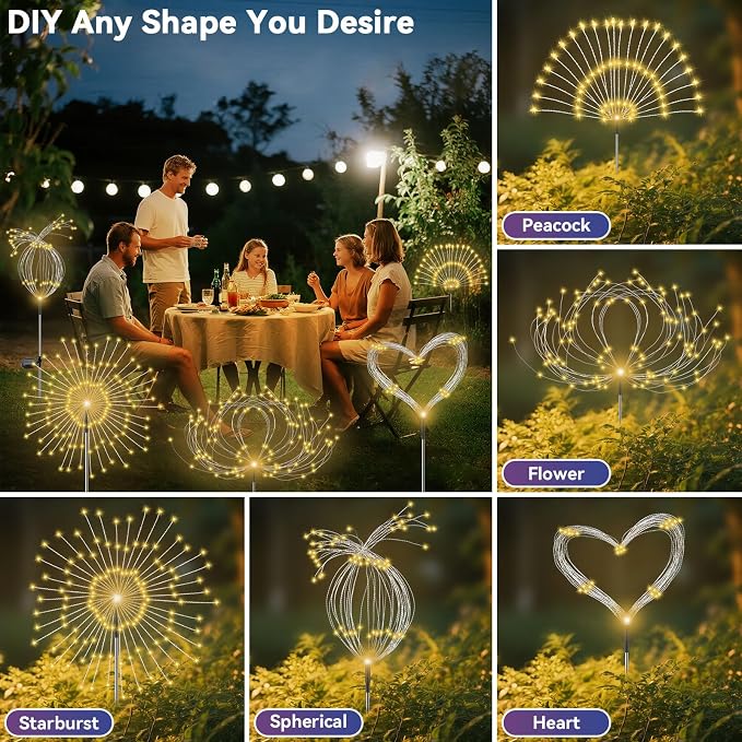 Garden Outdoor Lights, 2 Pack 120 LED Solar Garden Lights Fairy Solar Lights Outdoor Waterproof Decorative Solar Firework Lights for Yard Patio Pathway Flowerbed Party Wedding Decor, Warm White