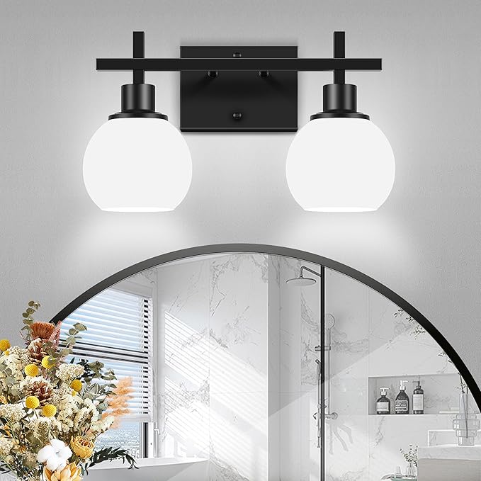 Dpyrrhic 2-Light Black Bathroom Lighting Fixtures Over Mirror,Modern Vanity Lighting Fixtures,Bathroom Wall Mounted Vanity Light with Milky White Glass Lampshade for Living Room，Bedroom，Hallway