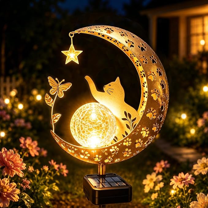 Solar Garden Decor Outdoor Statue, Moon Fairy Garden Figurines with Cat Design for Mom Women Grandma Solar Stake Lights for Patio, Yard, Lawn, Pathway (Warm White)