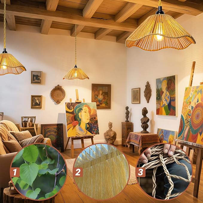 Hanging Lights with Plug in Cord Rattan Hanging Lamp Boho Ceiling Light Fixtures Farmhouse Pendant Lamp Shape for Living Room Bedroom Kitchen