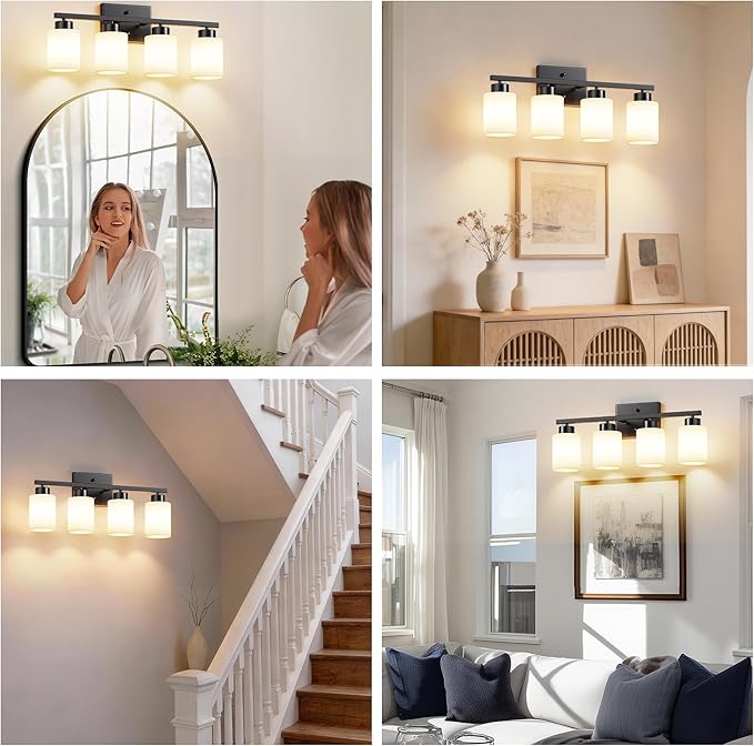 PARTPHONER 4-Light Matte Black Bathroom Light Fixtures, Modern Vanity Light Over Mirror Lighting, Wall Sconce with Frosted Milky White Glass Shades for Bedroom Living Room Kitchen Hallway