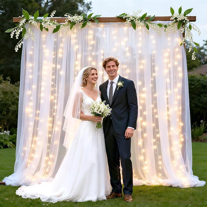 Ledido 4 Pack 10×8ft White Tulle Backdrop Curtains with Lights String - 1200LED Fairy Lights Sheer Curtain Backdrop for Wedding Baby Shower Photo Shoot Birthday Party Decoration(8 Panels 5×8ft)，White